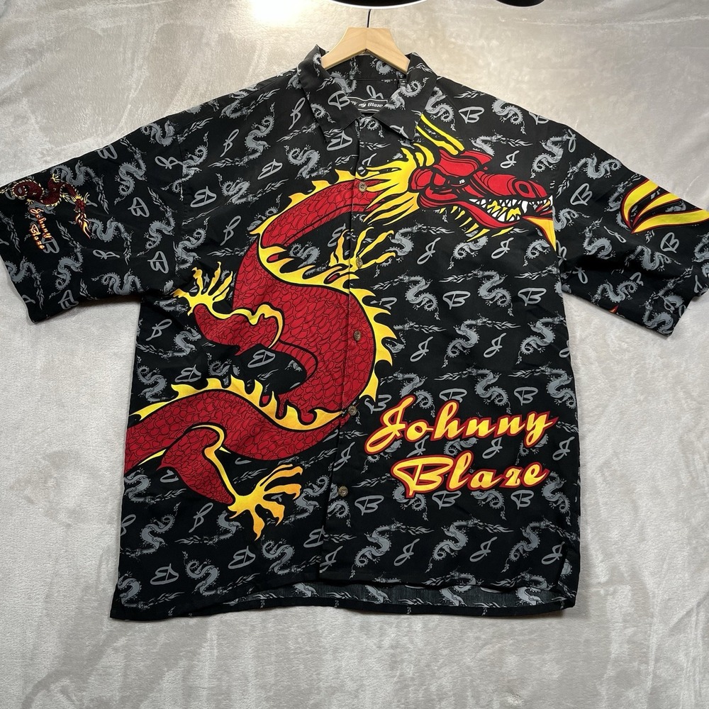 Vtg Johnny Blaze Shirt Men's XL Dragon Flame All Over Button Up Camp Y2K